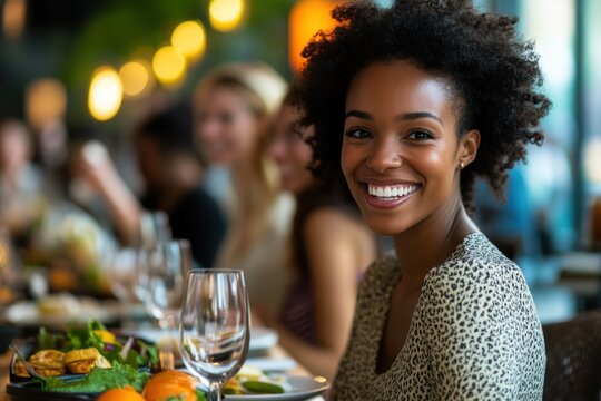 Mixed-race businesswoman celebrating a promotion with her diverse colleagues during a joyful team lunch in a modern office. - Powered by Adobe