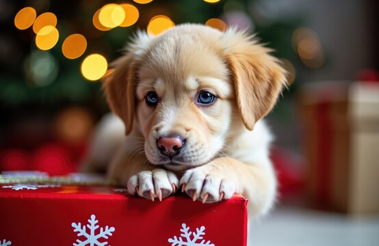 Cute puppy with blue eyes resting on a festive red gift box with snowflake patterns