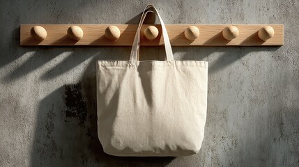 Beige Tote Bag Hanging From Wooden Hook On Textured Gray Wall