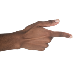 Hand pointing aside with extended index finger in directional gesture. Black skin male making touch