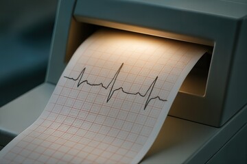 Heartbeat Printout Emerging From Medical Device Indoor Closeup With Low Light Setting Highlighting Detailed Graphs and Machinery