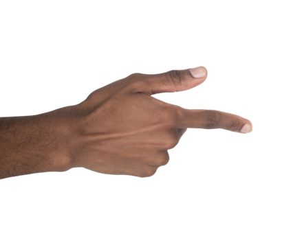 Hand pointing aside with extended index finger in directional gesture. Black skin male making touch