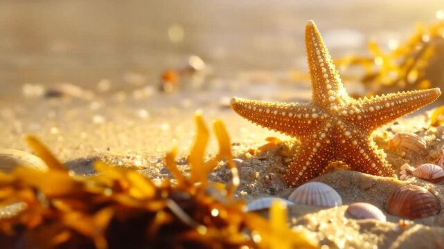 A Stunning Beach Scene Featuring a Starfish, Seashells, and Golden Seaweed in the Sunlight
