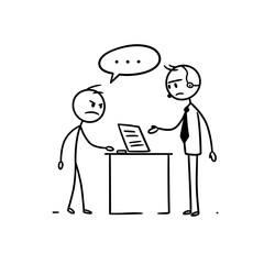 Stick figure man expressing frustration while talking to customer support  