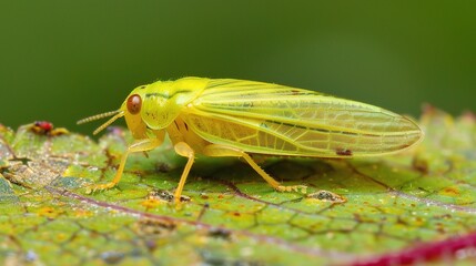 Close-up of a tiny leafhopper resting on a fresh green leaf, showing its delicate body, transparent wings and intricate details. The insect blends with natural foliage, representing nature, wildlife, 