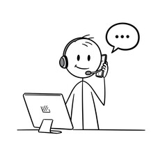 Stick figure customer support agent speaking on phone and smiling  
