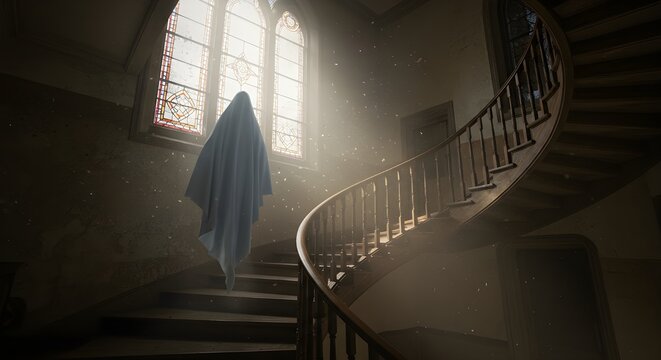 Fantasma flotando en una escalera antigua con luz tenue