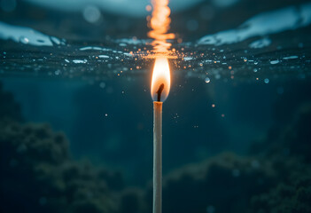 A small flame burning underwater, captured mid-flicker with surreal calm lighting, blending the impossible contrast of fire and water in a minimalist concept.