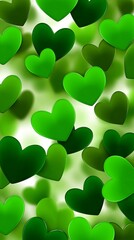 Green glass hearts float vertically on a light green background, creating a vibrant and whimsical atmosphere with a touch of elegance and charm for conveying love and positivity