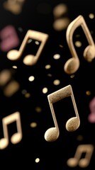 Surreal immersive space filled with floating golden music notes, creating a dreamlike atmosphere of sound and visual harmony in a topaz upscale setting