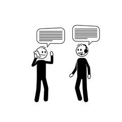 Two stick figures communicating, one on phone and another with headset - Concept of Customer Support  