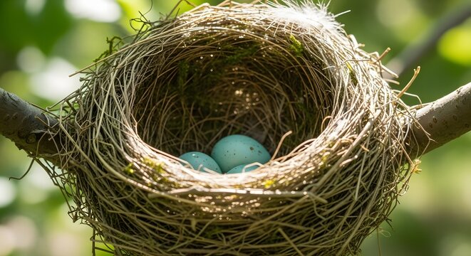 Bird's nest with blue eggs nature close-up wildlife photography spring season