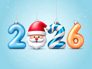 New Year 2026 Typography with Christmas Elements and Glossy Finish