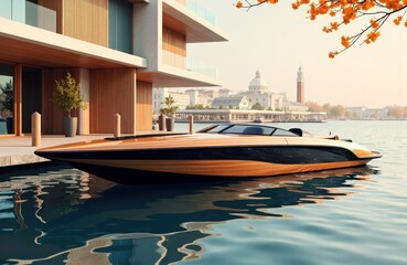 Obraz premium Luxury yacht docked near modern waterfront building with cityscape and historic landmarks in the background