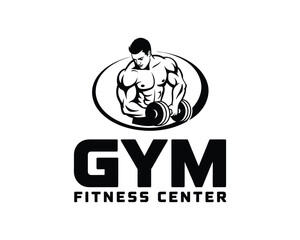 Gym Logo: Muscular Man Lifting Dumbbells in Oval Frame for Fitness and Bodybuilding