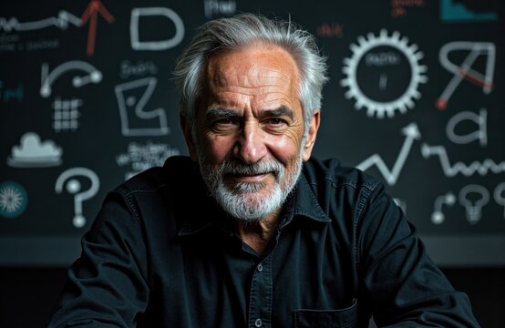 A senior man with gray hair and beard smiling in front of a blackboard filled with scientific and mathematical symbols