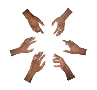 Hand reaching out in circular shape toward center symbolizing help and unity. Black skin male making