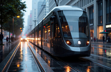 Obraz premium Modern tram moving through city streets on rainy evening with reflections and urban background