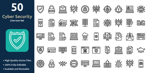 Cyber Security icon set in Outline style. Minimilist and trendy Icon set. Containing Icons,Secure,Password,Laptop,Shield,Antivirus,Gearand so on.