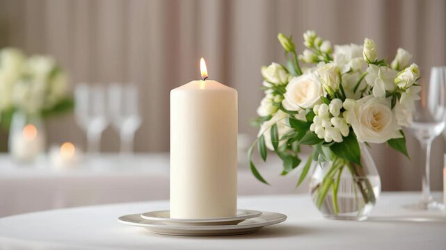 Elegant showcase wedding minimalist white candle centerpiece table with vase and bouquet of white rose creating soft romantic glow and refined