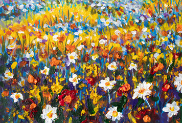 Textured colorful floral painting creating impressionistic field