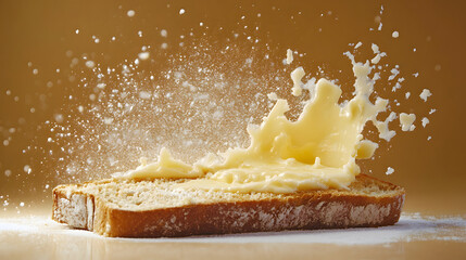 Slice of bread with butter being spread, creating dynamic splash effect against clean backdrop. image captures motion and texture of butter and bread, evoking sense of freshness and indulgence