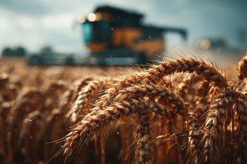Golden Wheat Field at Sunset with a Harvesting Combine in the