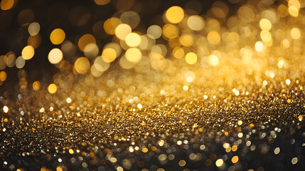Sparkling golden glitter background creates luxurious and celebratory atmosphere with shimmering bokeh lights. Perfect for festive occasions and elegant designs