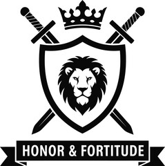 Lion shield with swords and crown emblem honor and fortitude