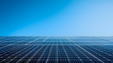 Vast array of solar panels under clear blue sky, showcasing renewable energy technology and sustainability. clean, modern design emphasizes environmental consciousness