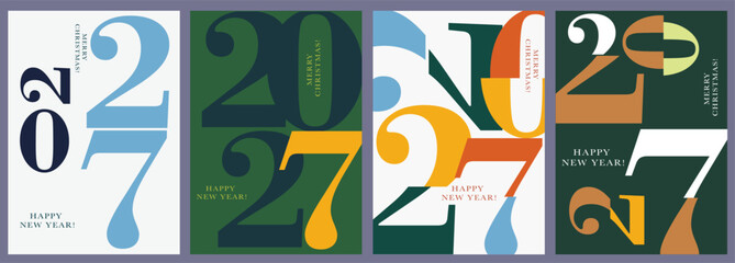 2027 Typography Numbers. Creative modern vector illustration. Colorful Design in green, red, yellow, brown, blue. Happy New Year Vector for Advertising, Web, Social Media, Poster, Banner, Cover. 
