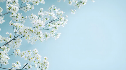 Delicate white wildflowers on branches against soft pastel blue backdrop create serene and calming atmosphere. minimalist composition highlights beauty of nature