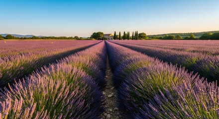 Obraz premium Vast lavender field under a bright blue sky with rows leading to distant trees