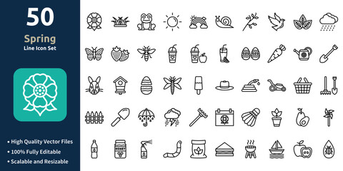 Spring icon set in Outline style. Minimilist and trendy Icon set. Containing Icons,Flower,Grass,Frog,Sun,Rainbow,Snail,Branch,and so on.