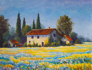 Tuscan farmhouse painting in a blooming flower field