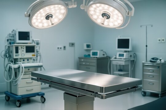 Pristine Operating Room Interior Featuring Surgical Table and Equipment Under Bright Lights in a Modern Medical Facility