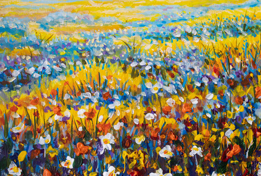 Colorful wildflowers painting in impressionist art style