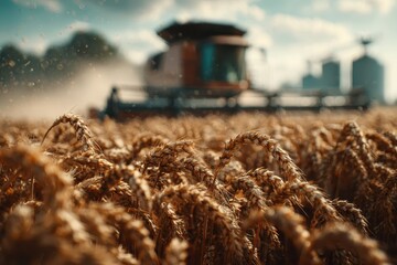 Golden Wheat Field Closeup With Harvesting Machine On Horizon At
