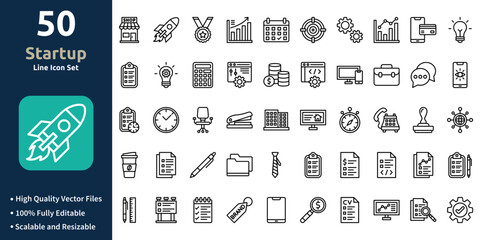 Startup icon set in Outline style. Minimilist and trendy Icon set. Containing Icons,Shop,Startup,Medal,Growth,Calendar,Target,and so on.