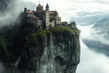 Medieval Scandinavian castle perched on cliff above misty fjord