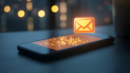 Smartphone on table displays glowing email notification icon, symbolizing digital communication and connectivity. background is softly blurred, highlighting device screen