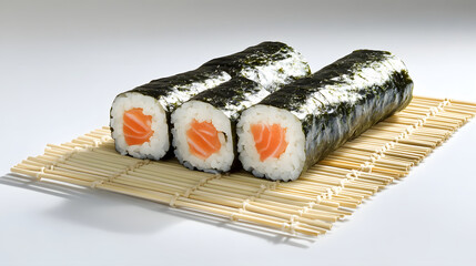 Three sushi rolls with salmon filling are neatly placed on bamboo mat, showcasing art of sushi making. seaweed wrap and rice are perfectly aligned, highlighting traditional Japanese cuisine