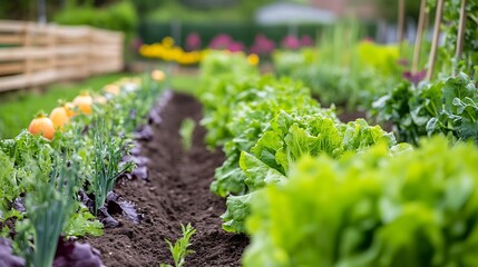 A vibrant vegetable garden with rows of lettuce, onions, and other plants growing in the rich soil under the warm sunlight in the summer