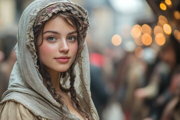 Historical feminine elegance in medieval noblewoman's garden portrait