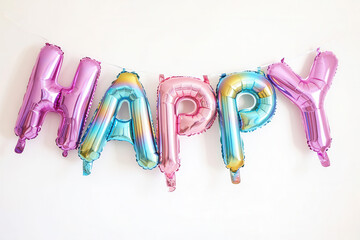 Foil Letter Balloons Spelling HAPPY Hanging on White Background