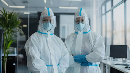 Two professionals in protective suits and masks stand in modern office environment, ready for disinfection work. scene conveys sense of safety and preparedness