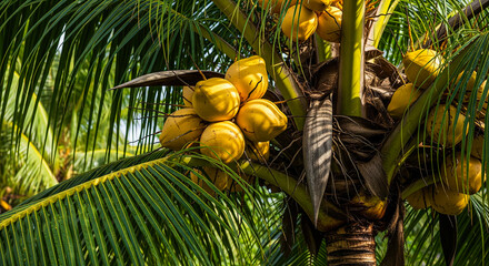 Fototapeta premium Low-angle view showing ripe golden coconuts growing beautifully on tall palm