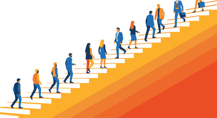 Inspiring team climbing career ladder to business success, showing diverse professionals achieving goals together in vibrant, modern design for corporate growth