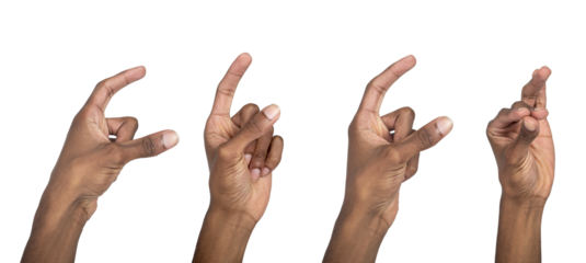 Hand sign with raised thumb and index in outstretched holding pose. Black skin male making