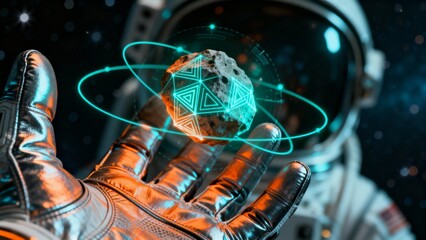 Futuristic space exploration concept with an astronaut interacting with a glowing digital asteroid hologram in outer space